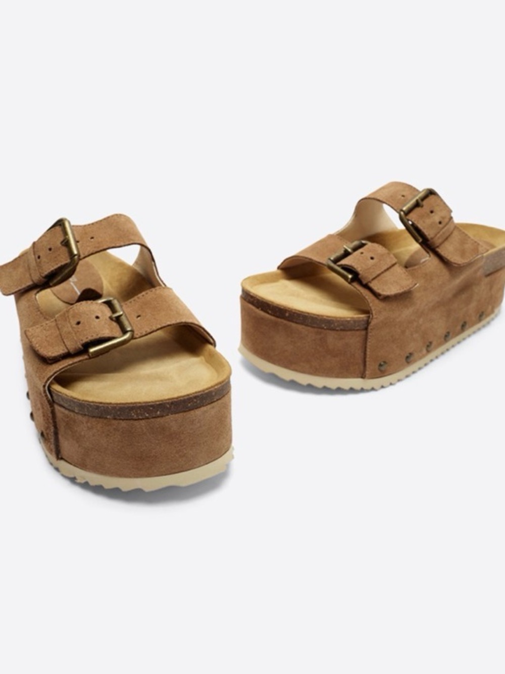 Intentionally Suede Double-Buckle Platform Sandals - Brown